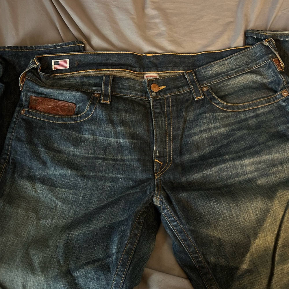 True Religion Men's Straight Jeans - Dark Blue with Brown Leather Accents - Picture 4 of 5